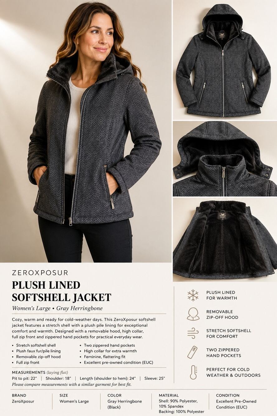 ZeroXposur Womens L Gray Herringbone Softshell Jacket Plush Lined Removable Hood